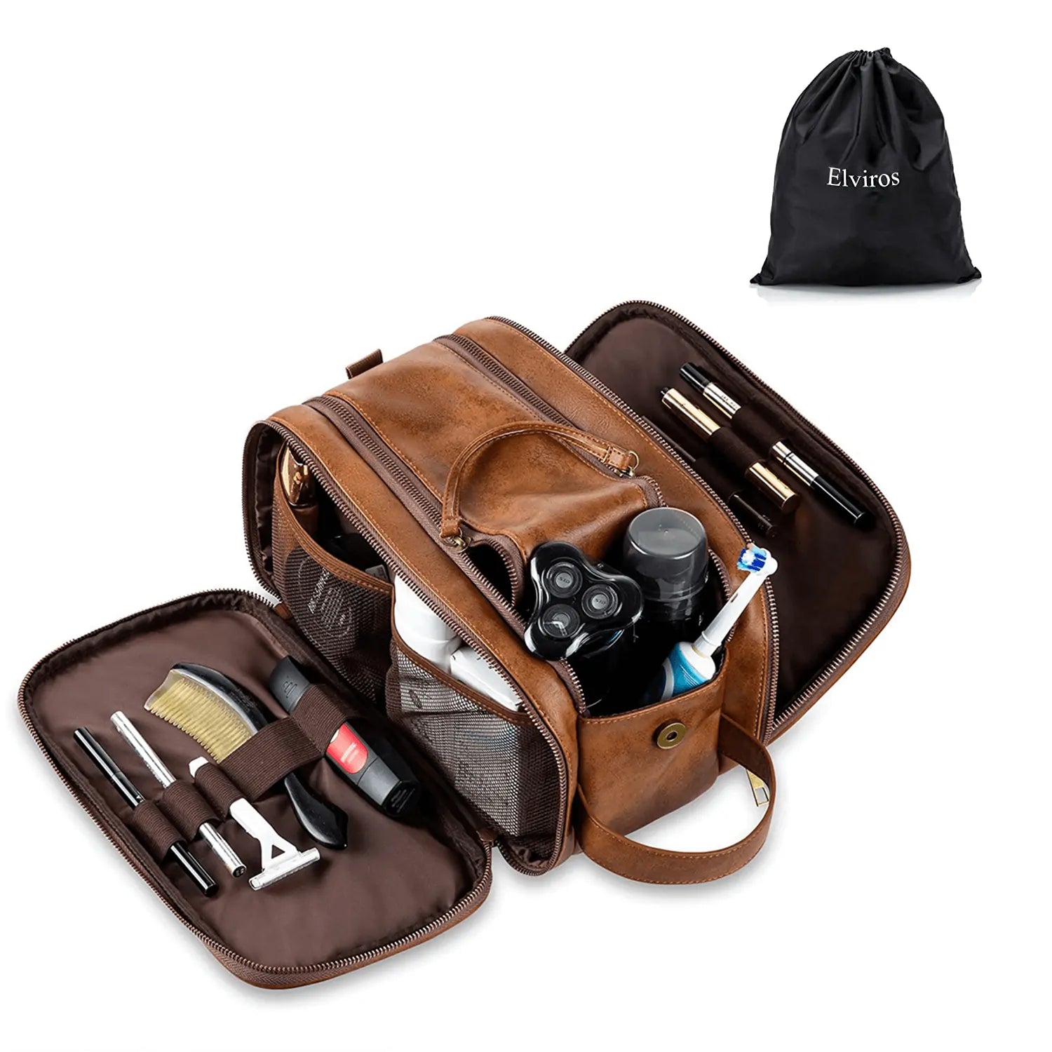 Elviros Toiletry Bag, Travel Dopp Kit Leather Makeup Organizer Brown / Small (9.4 x 5.9 x 6.3inch)
