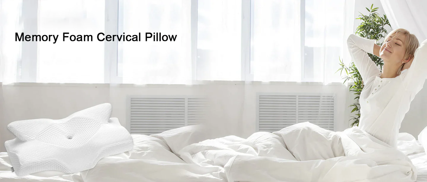 A woman wakes up from the Elviros cervical pillow and mattress feeling very comfortable.