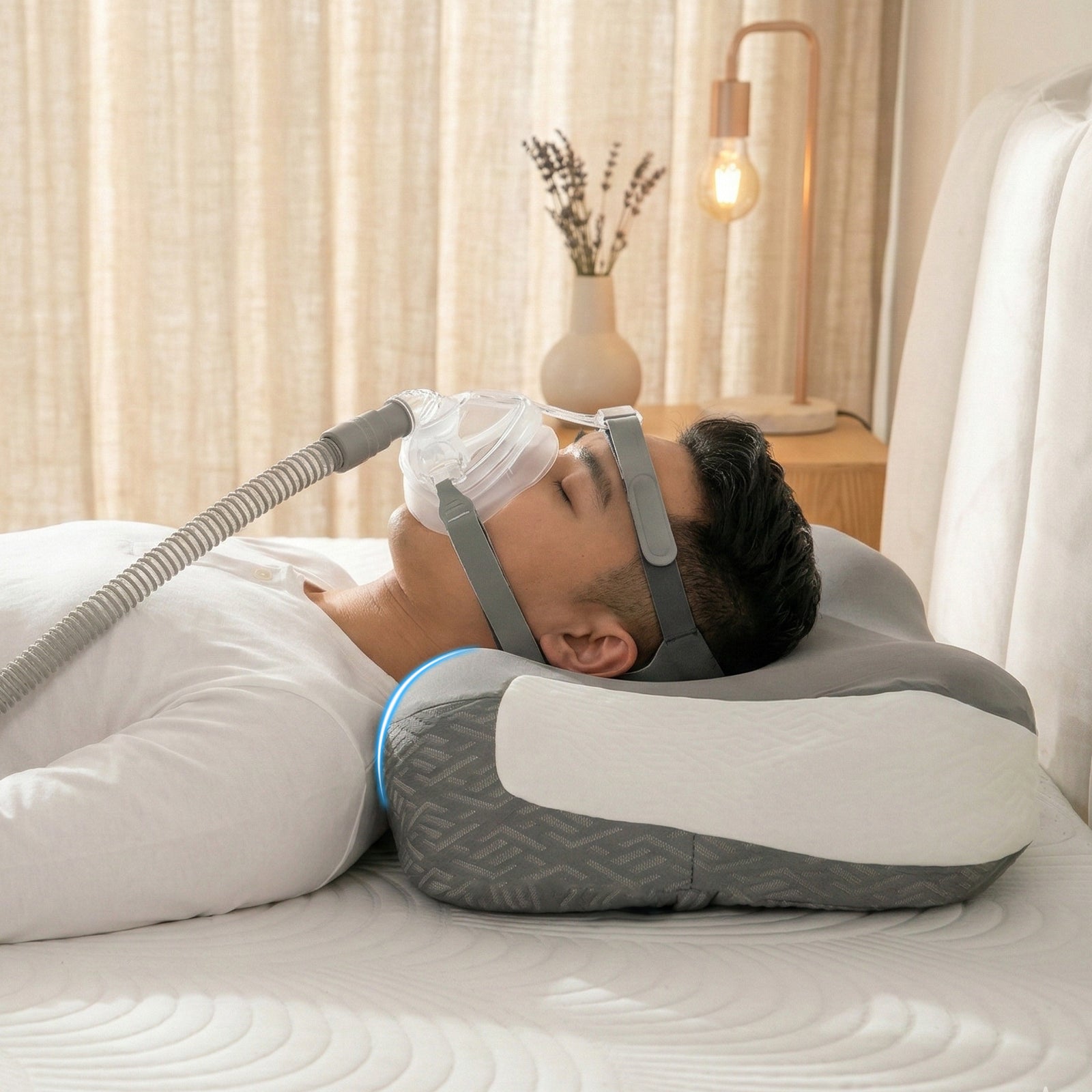 Memory foam pillow supporting CPAP sleep