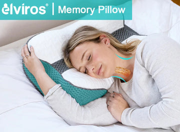 A woman sleeps on an Elviros memory foam pillow, designed for side sleepers to support spinal alignment.
