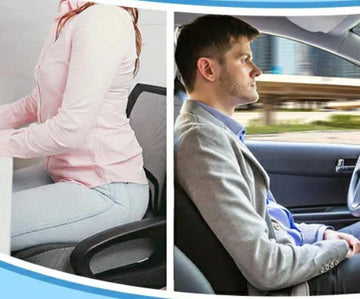 A woman and a man is using Elviros spine cushion to support their back.