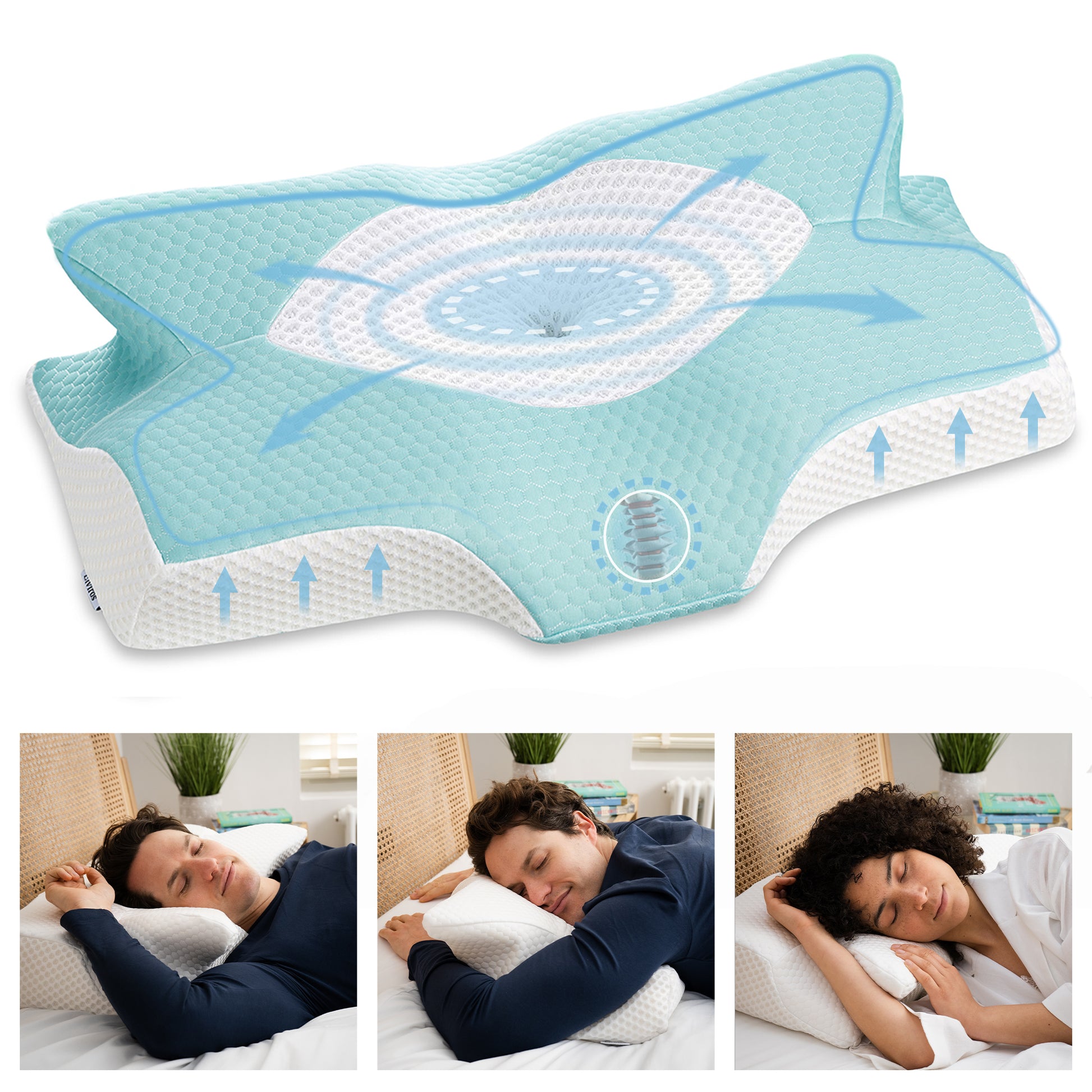 Elviros Side Sleepers Deep Sleep Cervical Memory Foam Pillow Blue Green / Queen / Firm
