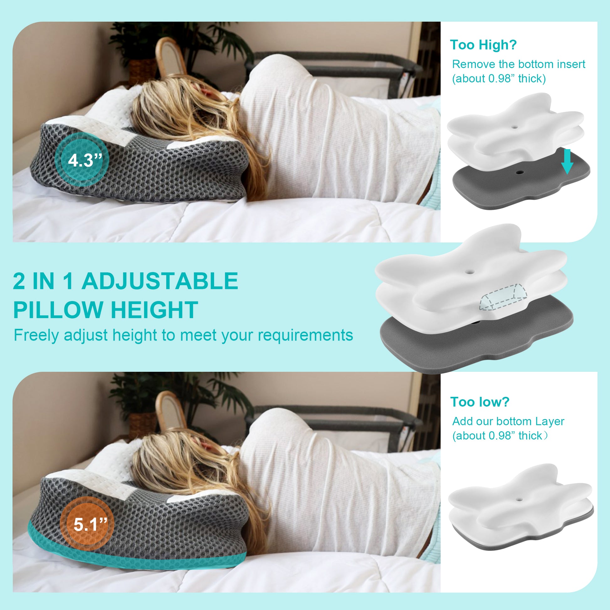 Elviros Knee Pillow for Side Sleepers, Orthopedic Memory Foam Wedge Contour  Leg Pillow, Multi Position Use