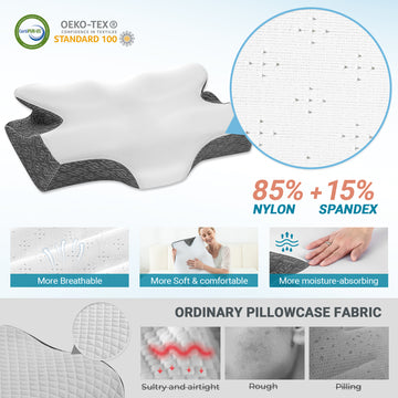 Elviros Cervical Neck Pillow for Sleeping, Memory Foam Pillow for Neck Pain Relief, Side Sleeper Cooling Pillows for Adults, Neck Support with Removable Pillowcase for Back & Stomach Sleepers