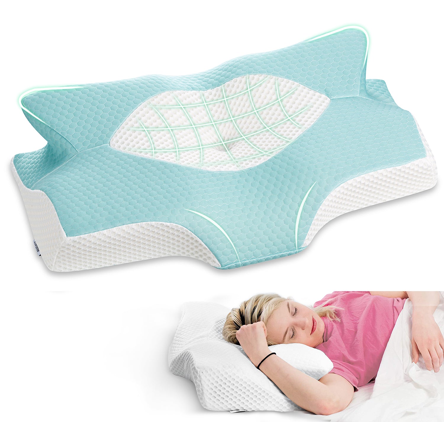 Elviros Side Sleepers Deep Sleep Cervical Memory Foam Pillow Blue Green / Queen / Firm