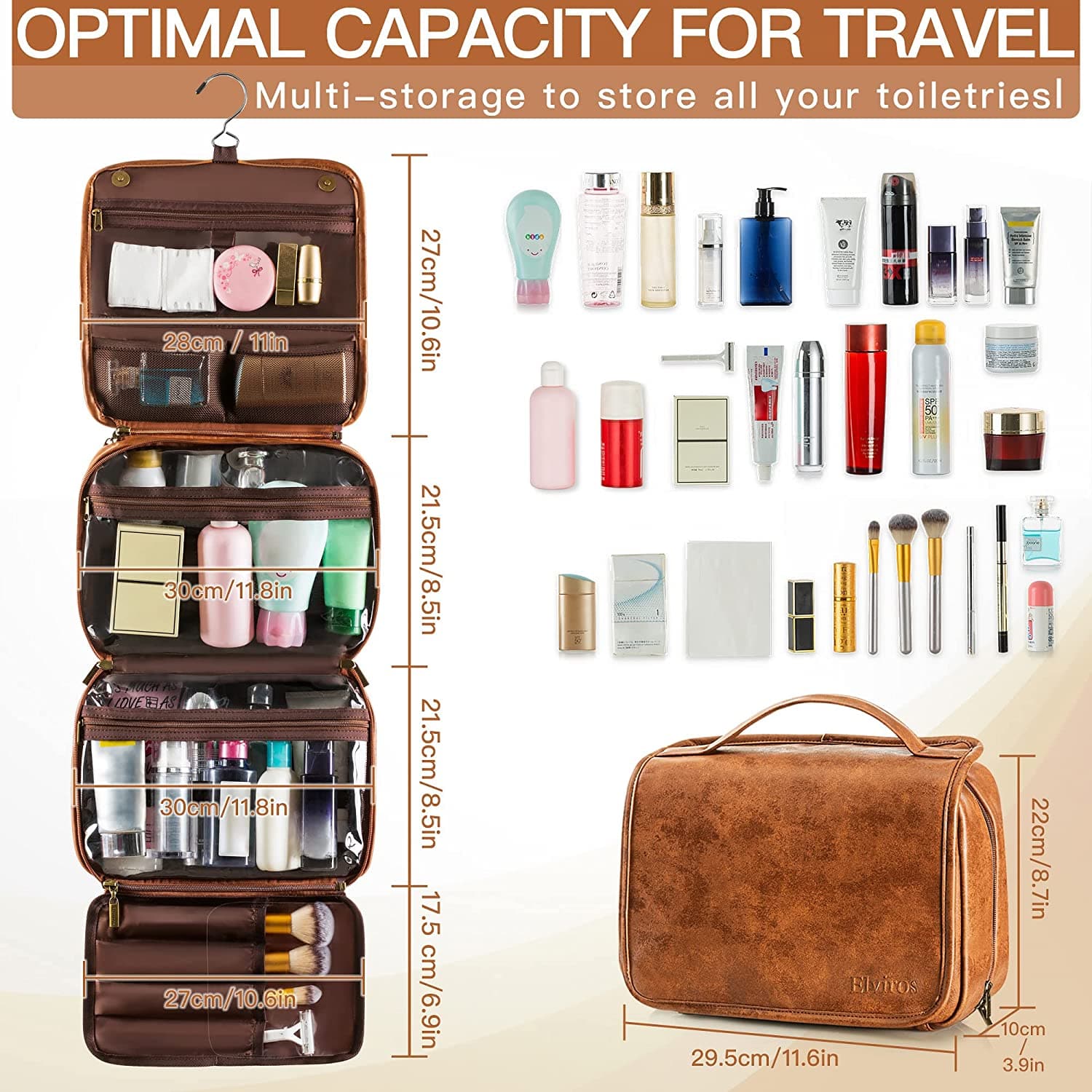 Elviros Toiletry Bag Hanging Travel Organizer for Men and Women