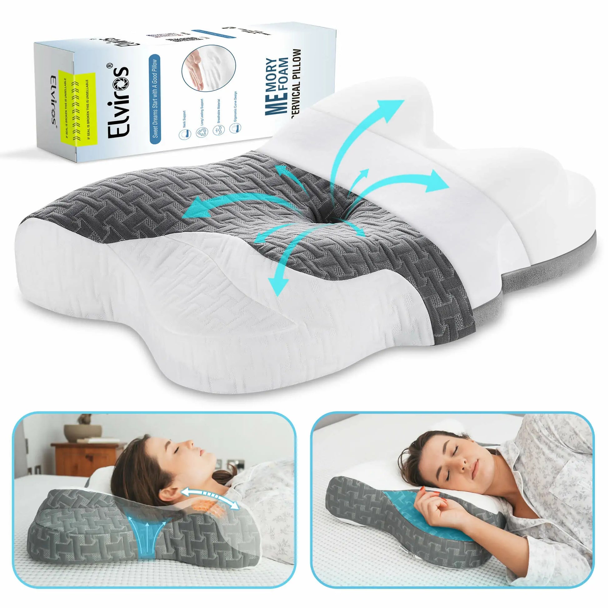 Elviros Cervical Memory Foam Pillow for Pain Relief Gray / Queen Size 23.6Lx16Wx(4.1-4.10)H