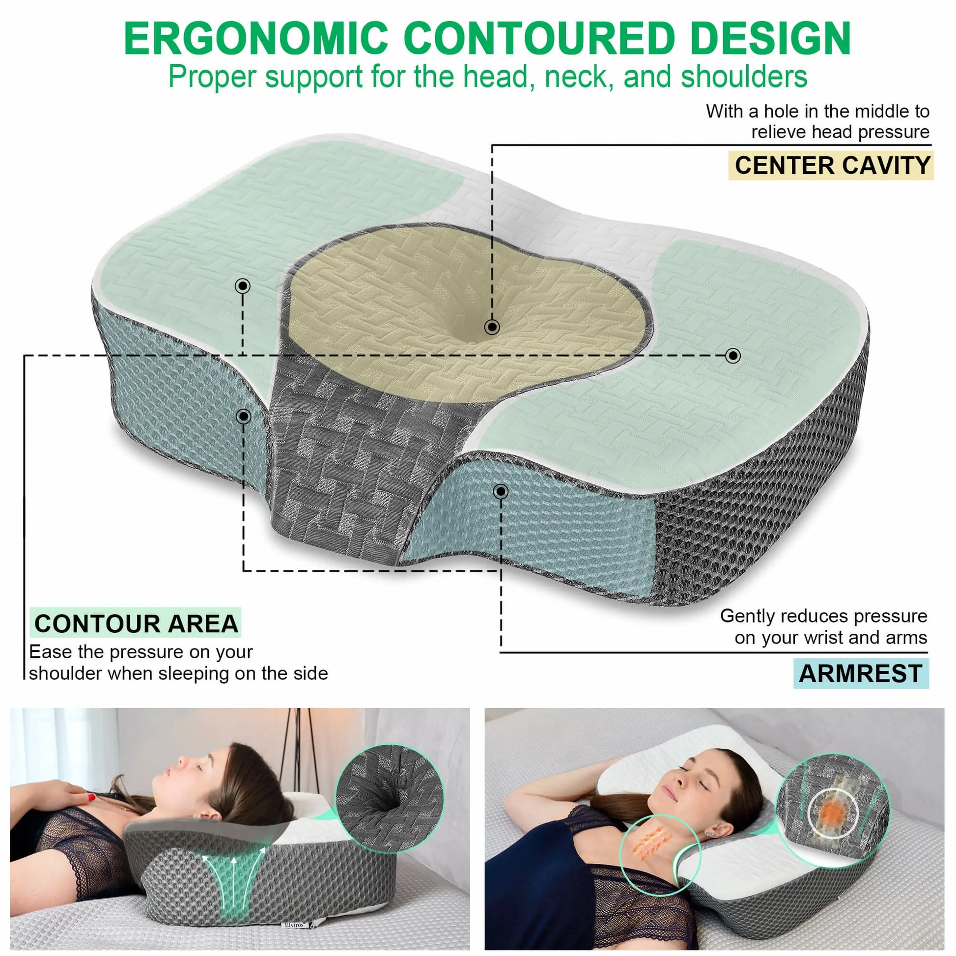 Elviros Contour Orthopedic Pillows for Side Sleepers Adjustable Ergon