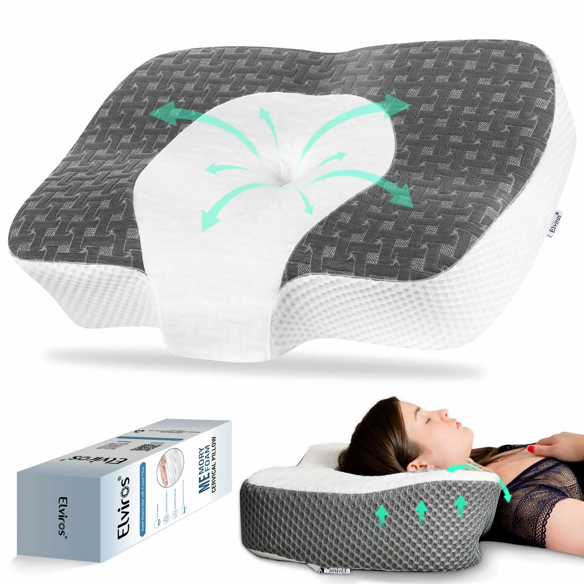 Elviros Contour Orthopedic Pillows for Side Sleepers, Adjustable Ergonomic Bed Pillow Dark Gray / Standard Size