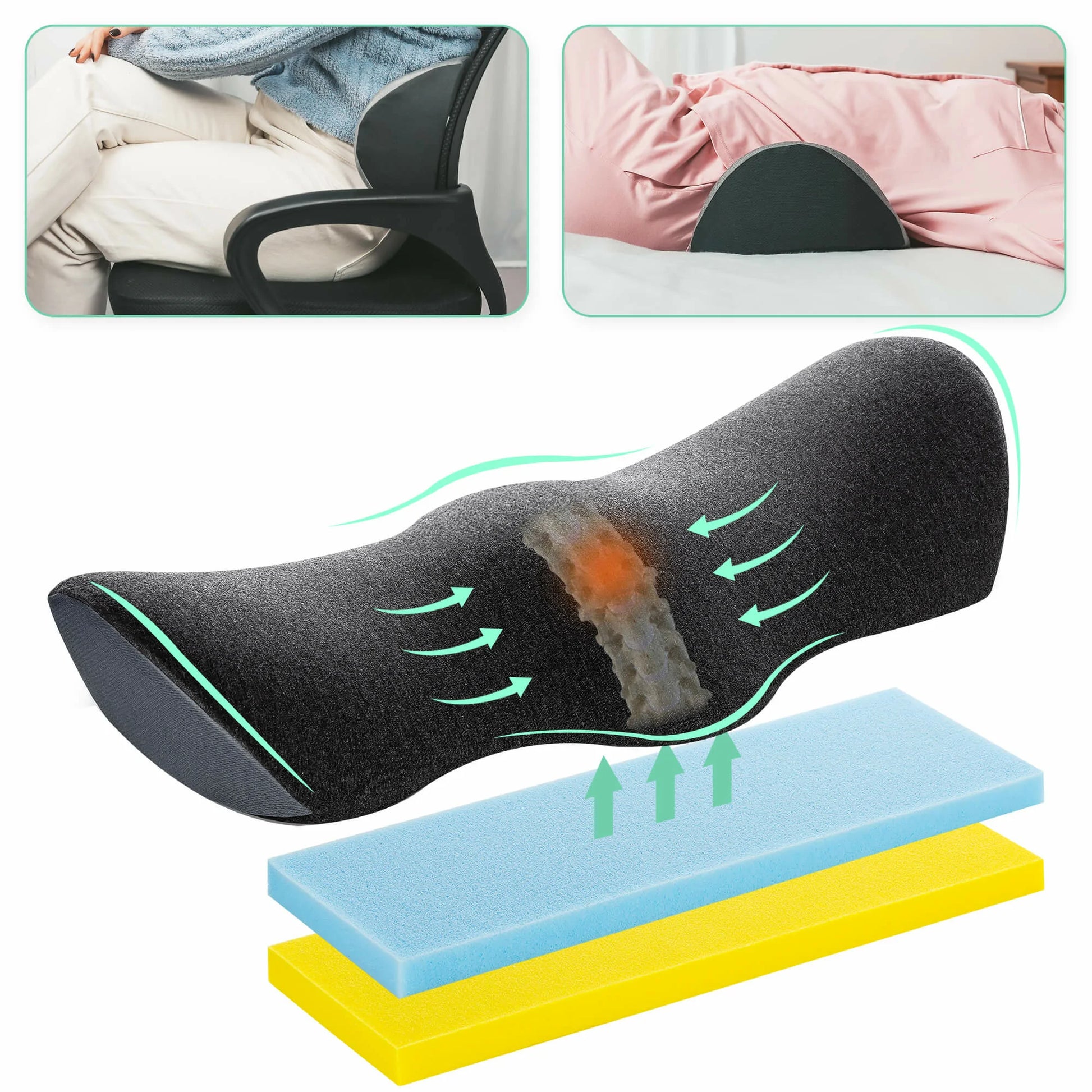 Lumbar Support Pillow for Back Support Memory Foam Pillow for Sleeping in  Bed Waist Support Cushion for Lower Back Pain Relief for Office Chair and