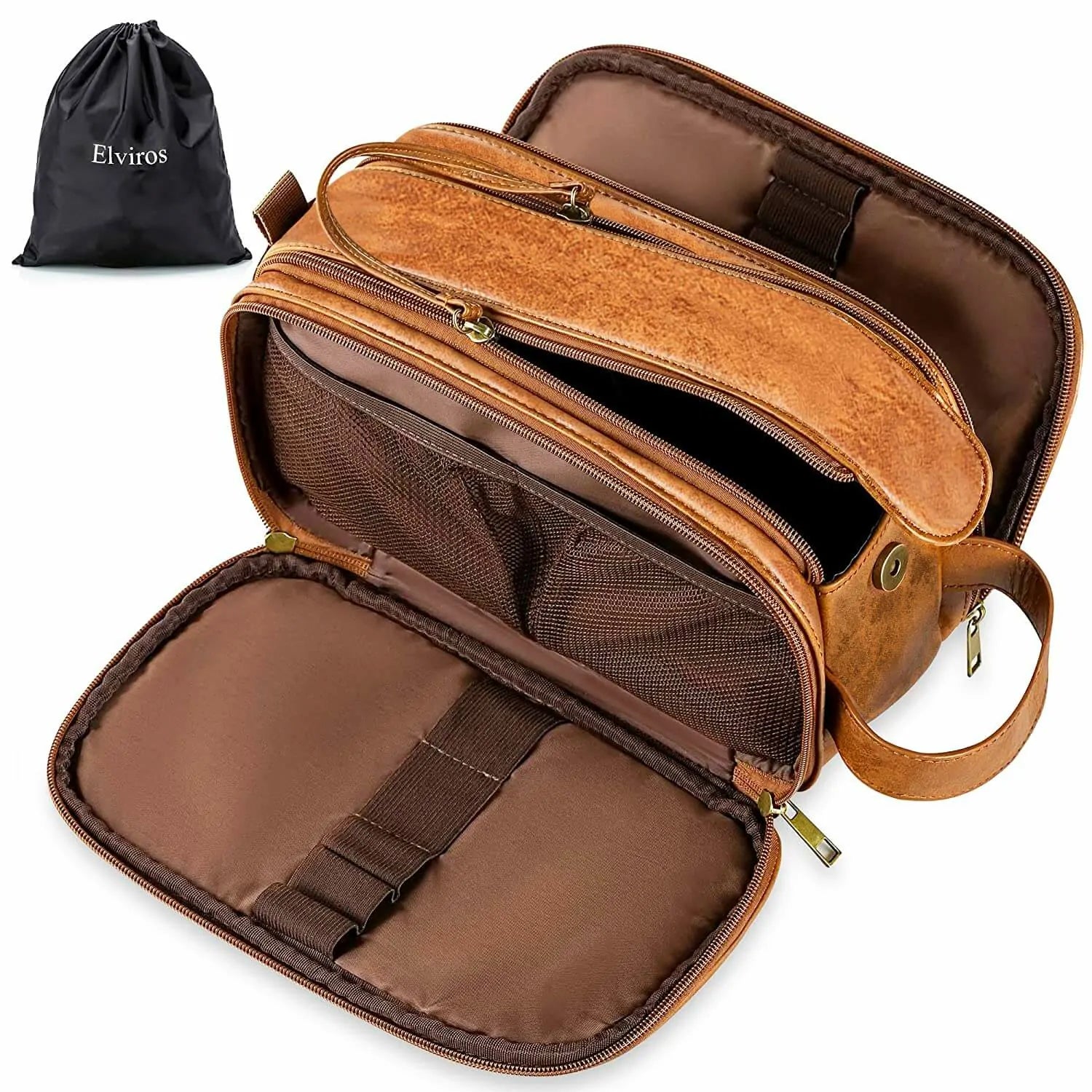 Elviros Toiletry Bag, Travel Dopp Kit Leather Makeup Organizer