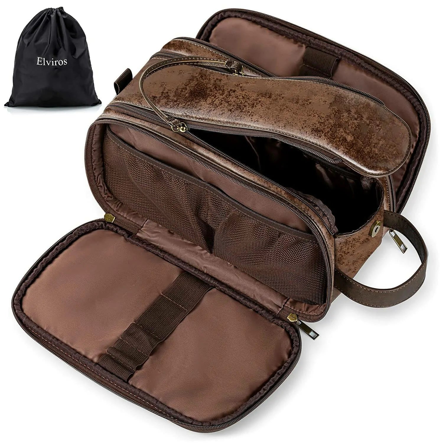 Elviros Toiletry Bag, Travel Dopp Kit Leather Makeup Organizer