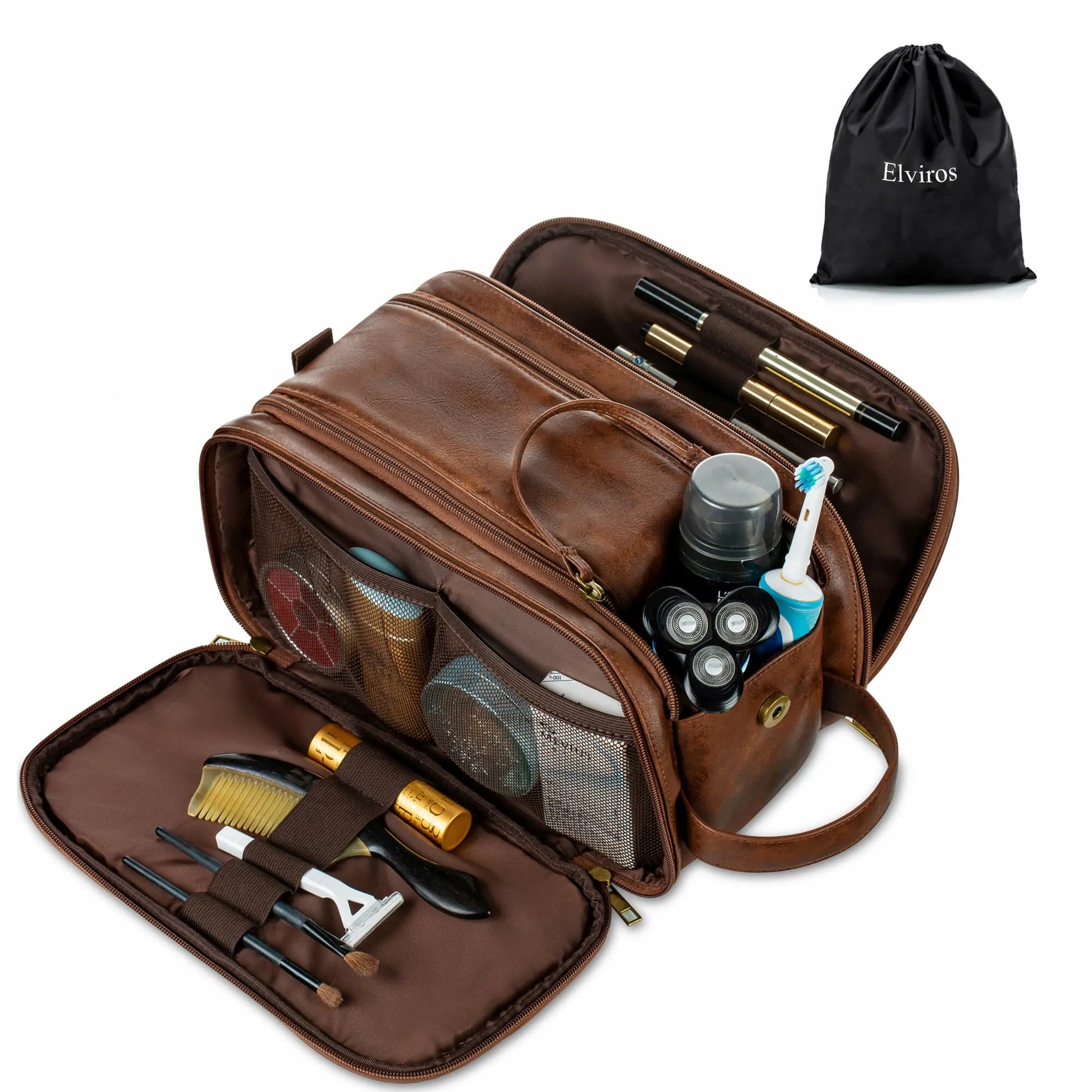 Elviros Toiletry Bag, Travel Dopp Kit Leather Makeup Organizer Brown / Small (9.4 x 5.9 x 6.3inch)