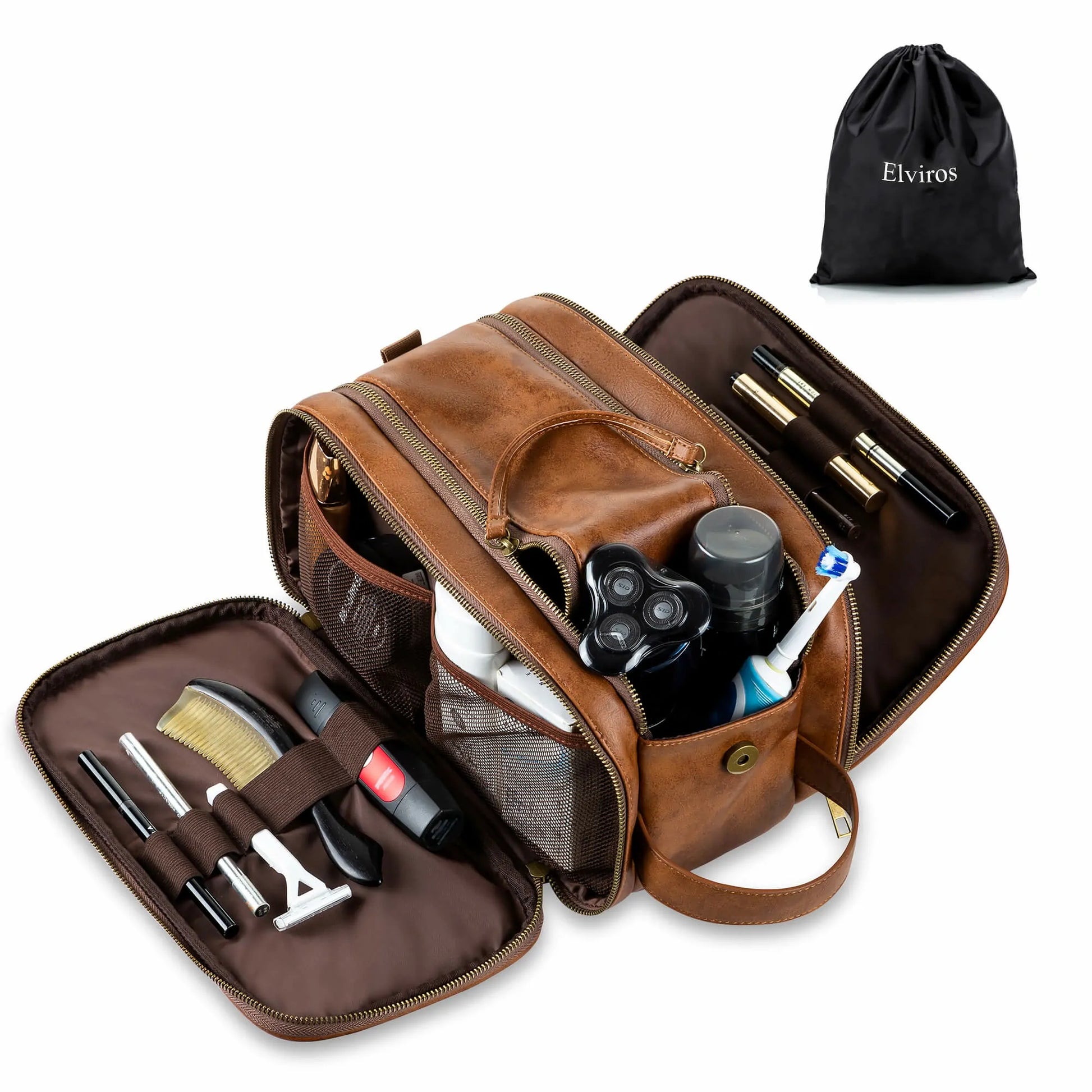 Elviros Toiletry Bag, Travel Dopp Kit Leather Makeup Organizer Dark Coffee / Small (9.4 x 5.9 x 6.3inch)