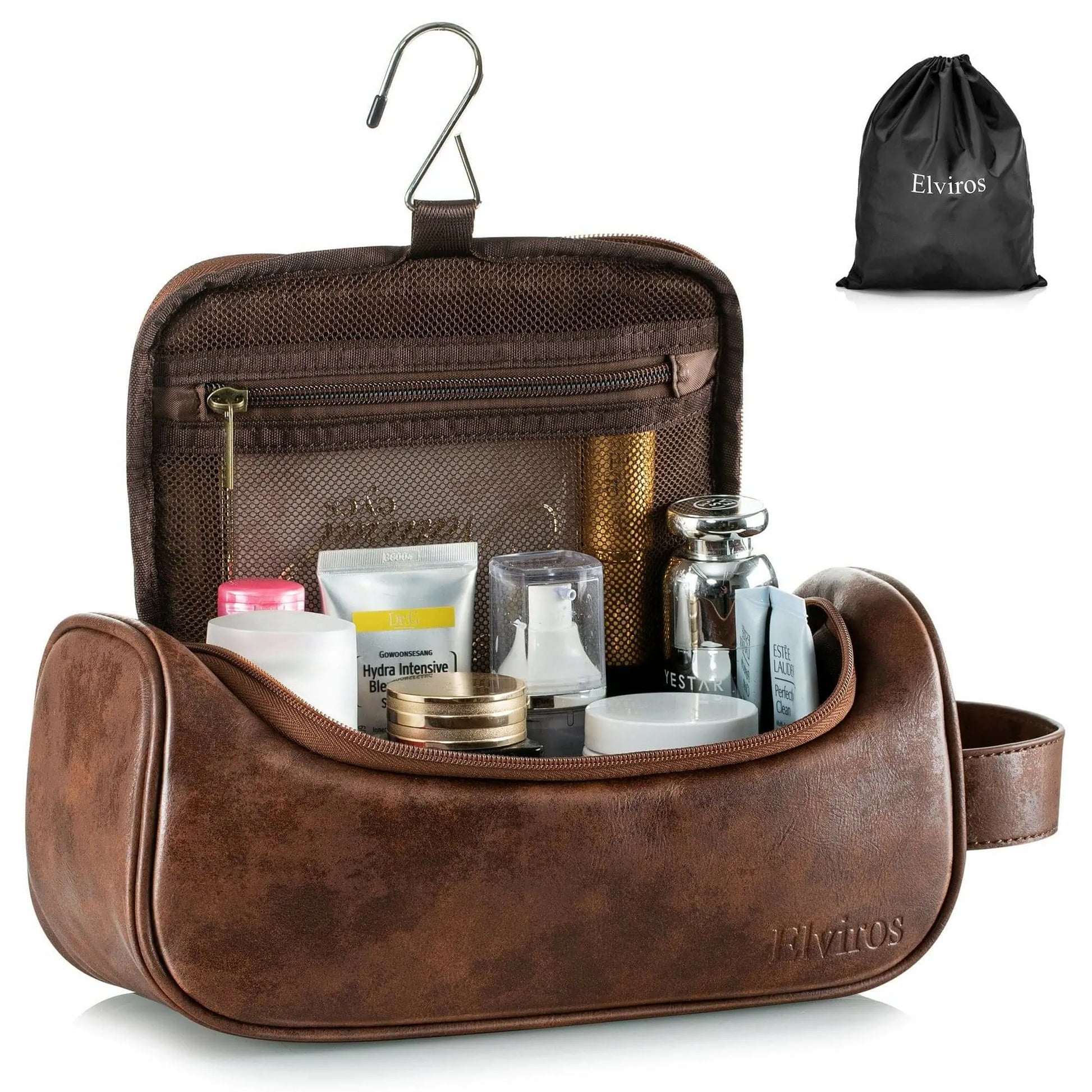 Elviros Toiletry Bag Mens Leather Travel Organizer Kit with
