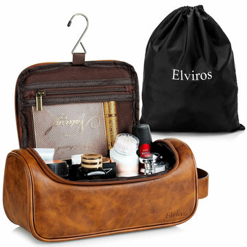 Elviros Travel  Toiletry Bag,  Leather hanging hook Organizer Kit