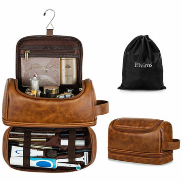 Elviros Travel  Toiletry Bag,  Leather hanging hook Organizer Kit